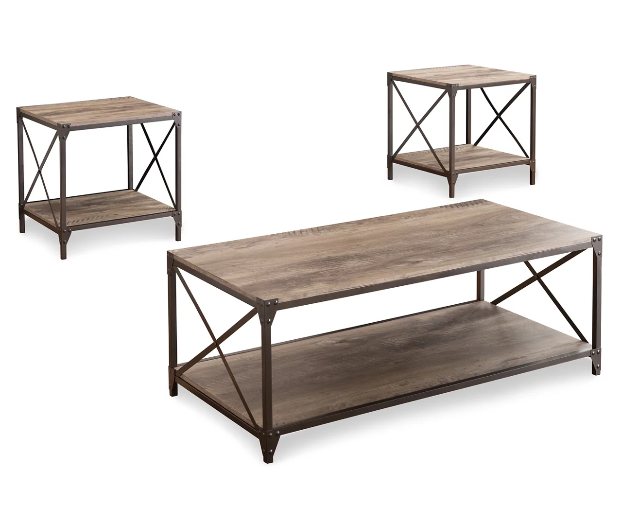 Rustic Metal & Wood 3-Piece Occasional Table Set 3 Rustic Metal & Wood 3-Piece Occasional Table Set