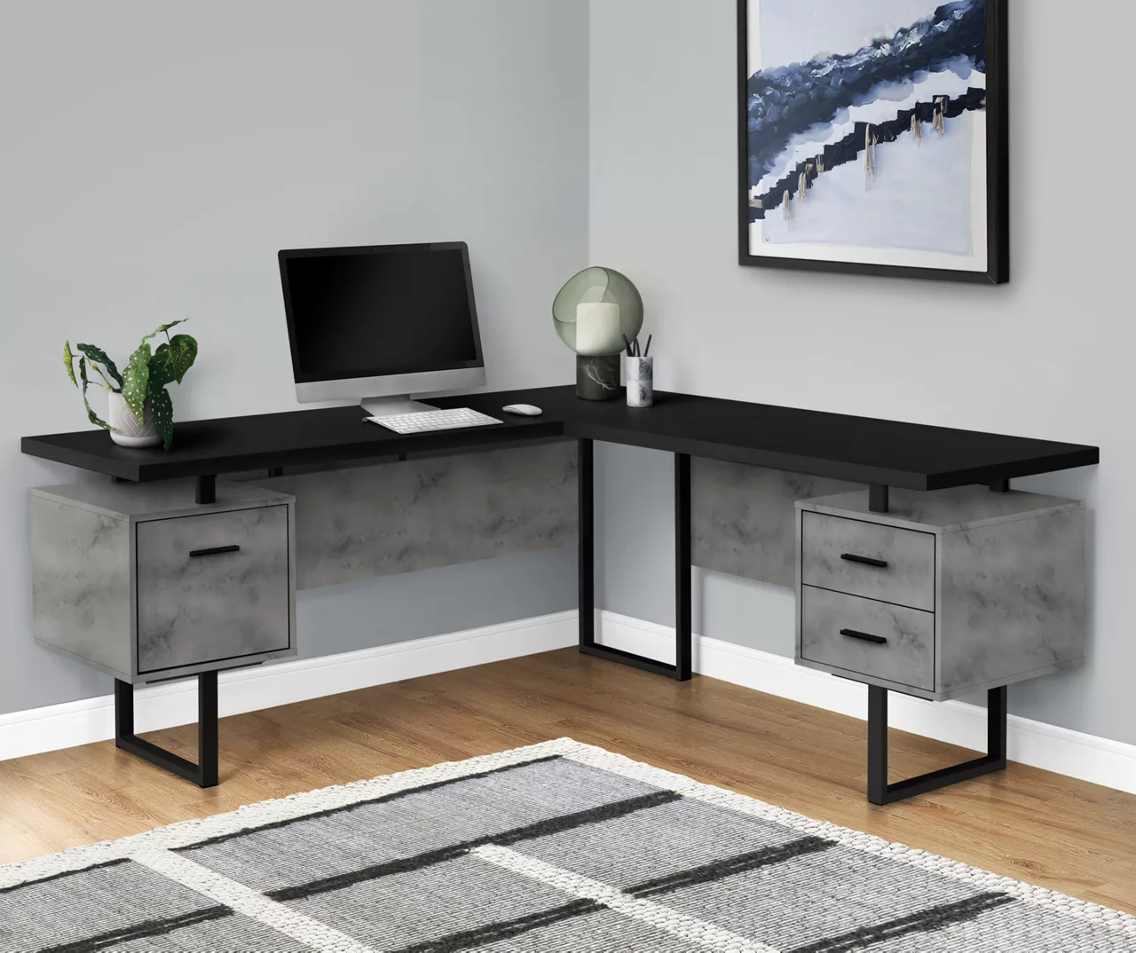 Faux Concrete & Black 3-Drawer L-Shaped Corner Desk 4 Faux Concrete & Black 3-Drawer L-Shaped Corner Desk - Image 2
