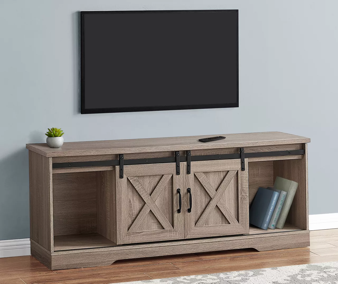 59" Dark Taupe Wood Look Sliding Barn Door TV Stand 4 59" Dark Taupe Wood Look Sliding Barn Door TV Stand - Image 2