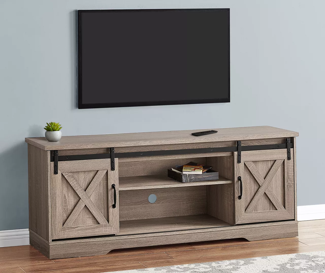59" Dark Taupe Wood Look Sliding Barn Door TV Stand 5 59" Dark Taupe Wood Look Sliding Barn Door TV Stand - Image 3