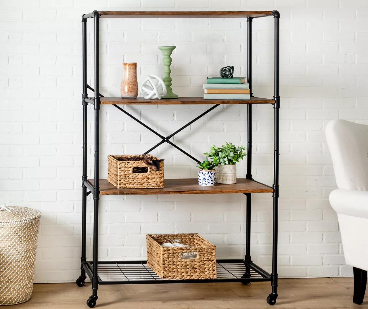 Rustic Black 4-Tier Industrial Rolling Bookshelf 4 Rustic Black 4-Tier Industrial Rolling Bookshelf - Image 2