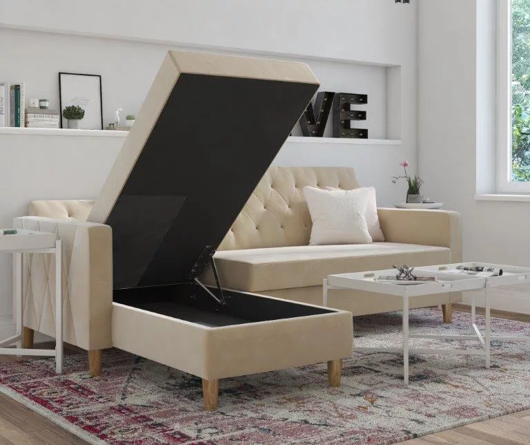 CosmoLiving Liberty Ivory Velvet Sectional Storage Futon 5 CosmoLiving Liberty Ivory Velvet Sectional Storage Futon - Image 3