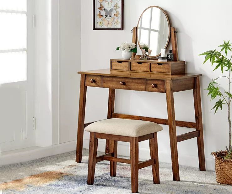 Laura 2-Piece Walnut & Beige 6-Drawer Tilting Mirror Vanity Set 4 Laura 2-Piece Walnut & Beige 6-Drawer Tilting Mirror Vanity Set - Image 2