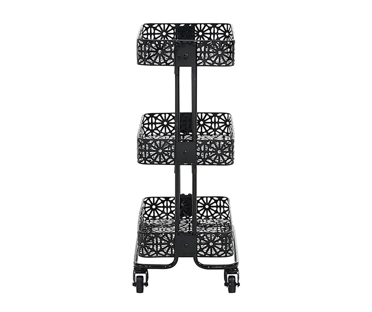 Mabry Black 3-Tier Pierced Floral Rolling Cart 5 Mabry Black 3-Tier Pierced Floral Rolling Cart - Image 3