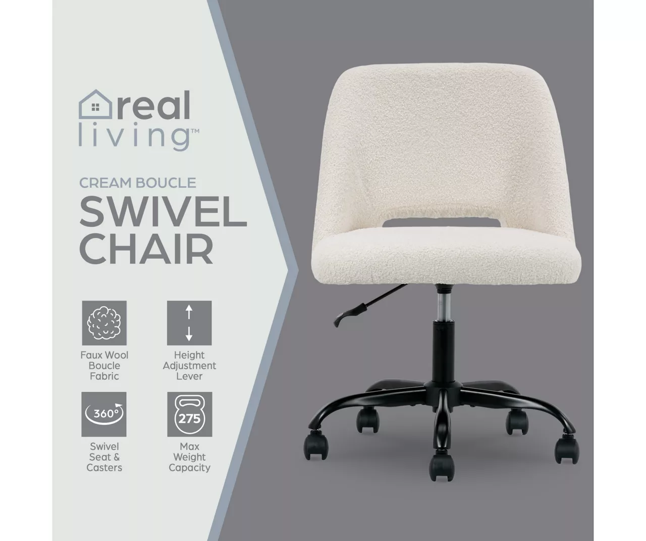 Cream Faux Wool Boucle Rolling Swivel Office Chair 7 Cream Faux Wool Boucle Rolling Swivel Office Chair - Image 5